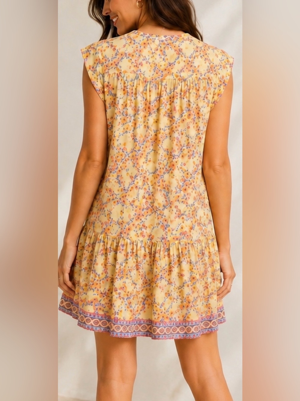 Poupette St Barth Amora Drop Waist Mini Dress Yellow Kookoo Bird Large NWT - Picture 4 of 16